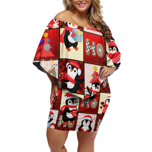 Cute Christmas Penguin Cozy Winter Ho Ho Ho Holiday Fun Off Shoulder Short Dress