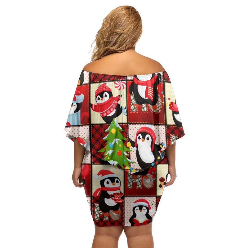 Cute Christmas Penguin Cozy Winter Ho Ho Ho Holiday Fun Off Shoulder Short Dress