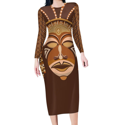 African Women Tribal Ethnic Mask Long Sleeve Bodycon Dress