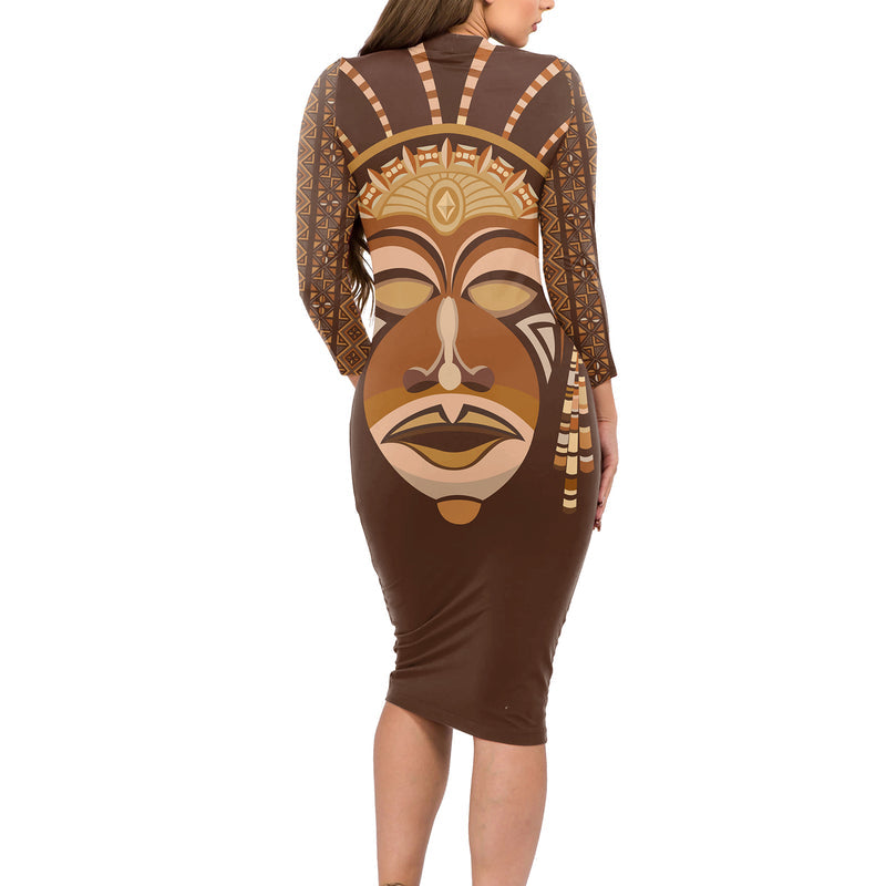African Women Tribal Ethnic Mask Long Sleeve Bodycon Dress