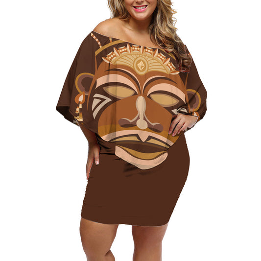 African Women Tribal Ethnic Mask Off Shoulder Short Dress