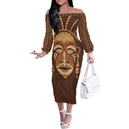 African Women Tribal Ethnic Mask Off The Shoulder Long Sleeve Dress