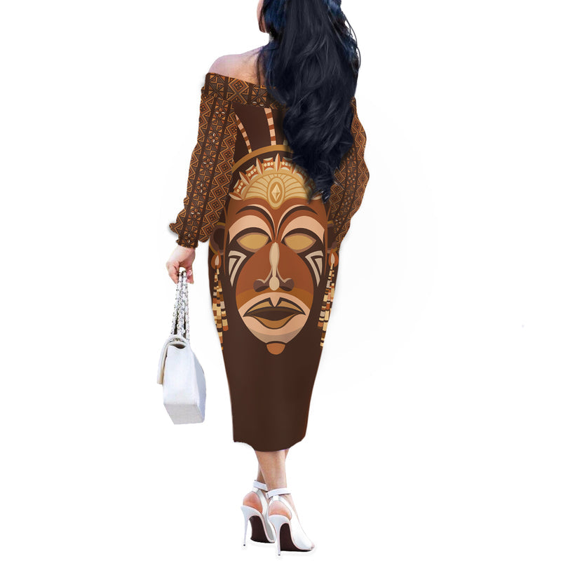 African Women Tribal Ethnic Mask Off The Shoulder Long Sleeve Dress