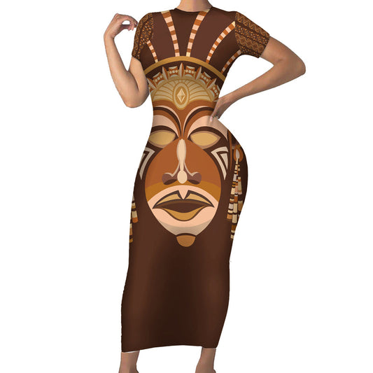 African Women Tribal Ethnic Mask Short Sleeve Bodycon Dress
