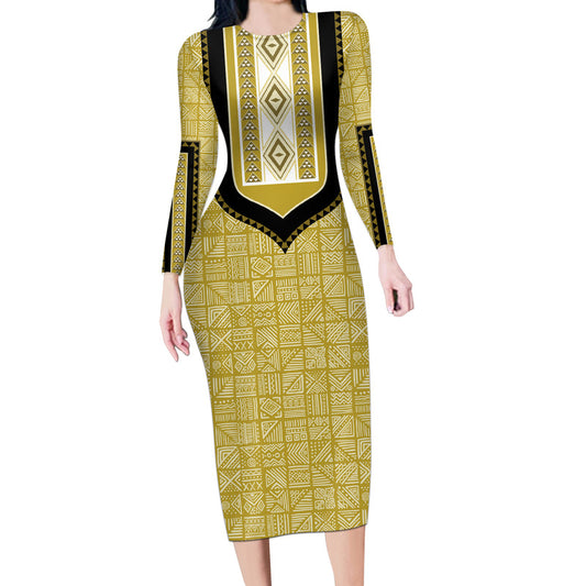 African Mudcloth Dashiki Long Sleeve Bodycon Dress