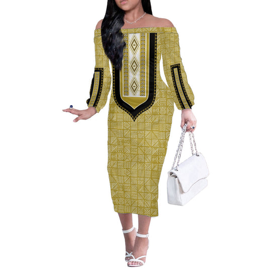 African Mudcloth Dashiki Off The Shoulder Long Sleeve Dress