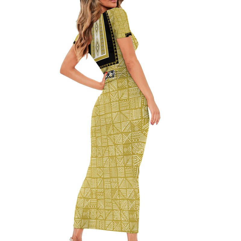 African Mudcloth Dashiki Short Sleeve Bodycon Dress