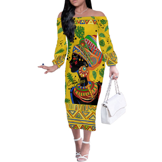 Africa Woman Tropical Style Off The Shoulder Long Sleeve Dress