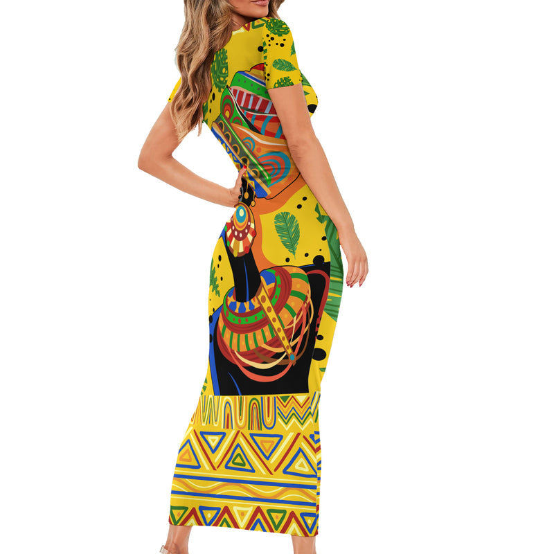 Africa Woman Tropical Style Short Sleeve Bodycon Dress
