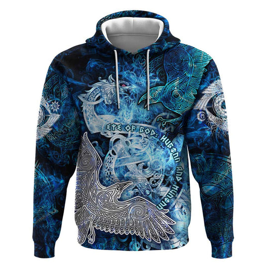 Eye of God Huginn and Muninn Viking Odin Ravens in Frostflame and Runeflight Style Hoodie