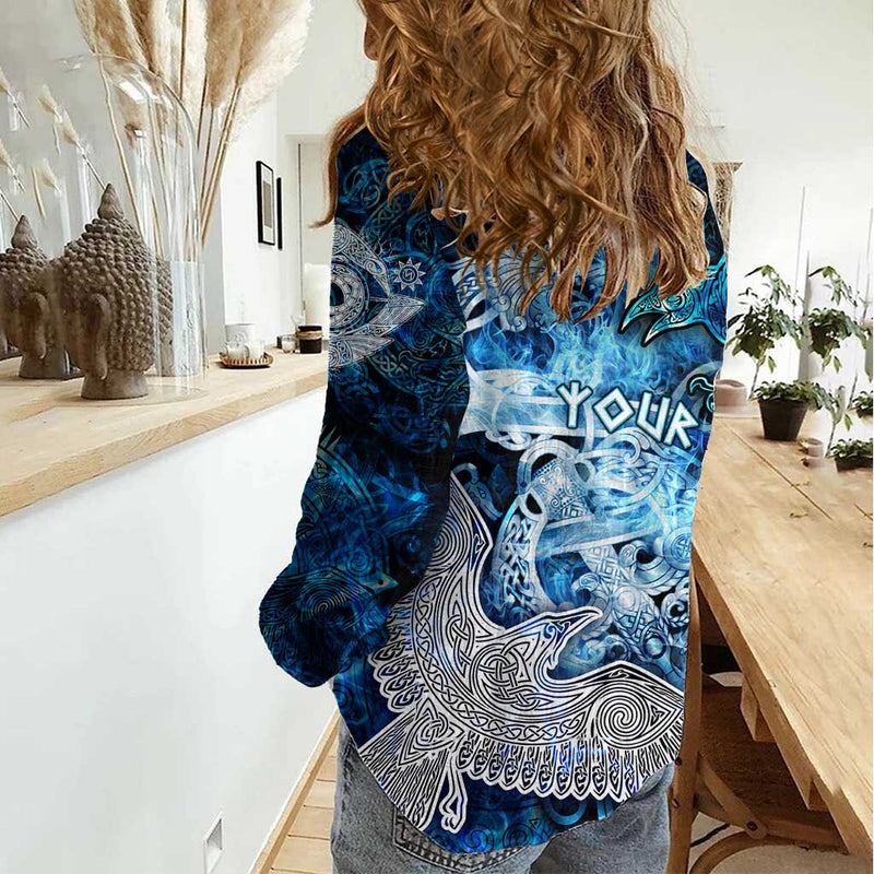 Eye of God Huginn and Muninn Viking Odin Ravens in Frostflame and Runeflight Style Women Casual Shirt