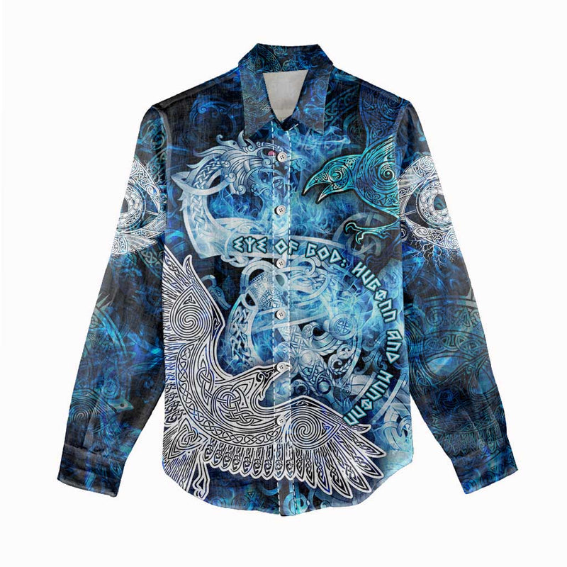 Eye of God Huginn and Muninn Viking Odin Ravens in Frostflame and Runeflight Style Women Casual Shirt