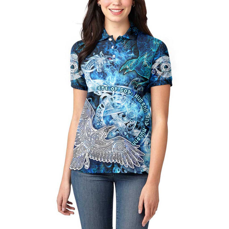 Eye of God Huginn and Muninn Viking Odin Ravens in Frostflame and Runeflight Style Women Polo Shirt