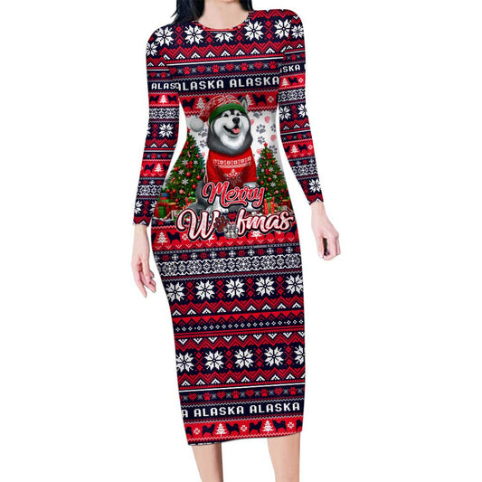 Alaska Merry Woofmas Christmas Dog Art Style Long Sleeve Bodycon Dress