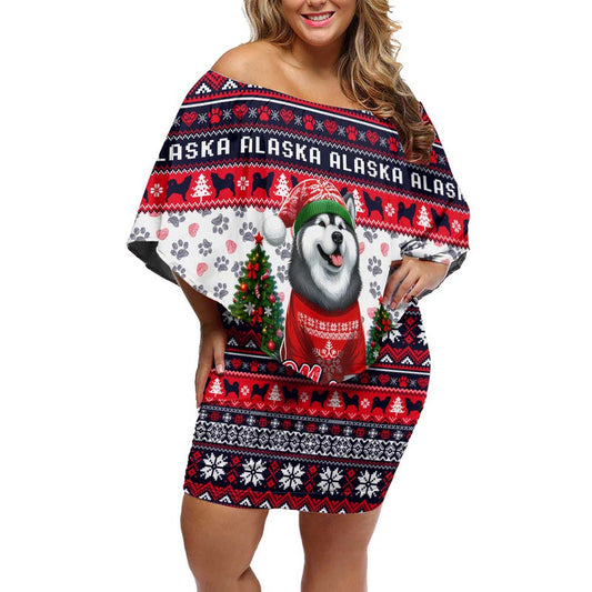 Alaska Merry Woofmas Christmas Dog Art Style Off Shoulder Short Dress