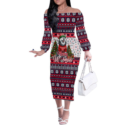 Alaska Merry Woofmas Christmas Dog Art Style Off The Shoulder Long Sleeve Dress