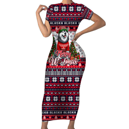 Alaska Merry Woofmas Christmas Dog Art Style Short Sleeve Bodycon Dress