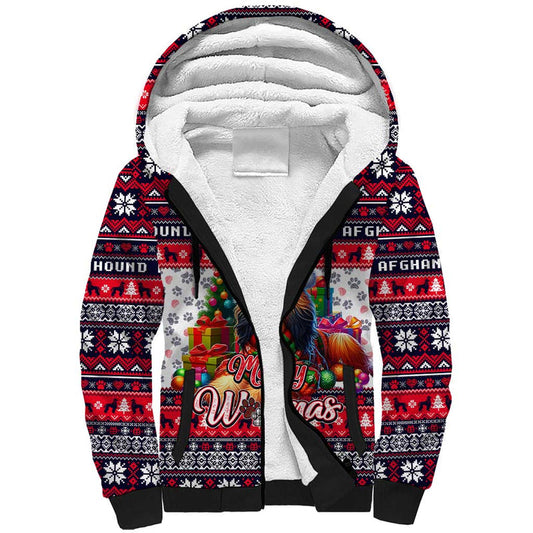 Afghan Hound Merry Woofmas Christmas Dog Art Style Sherpa Hoodie