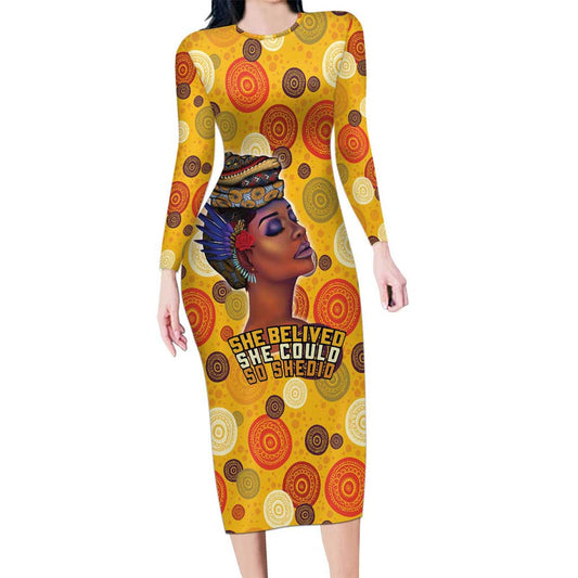 African She Believed She Could So She Did Long Sleeve Bodycon Dress
