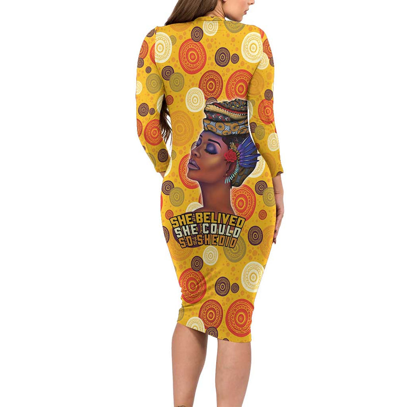 African She Believed She Could So She Did Long Sleeve Bodycon Dress