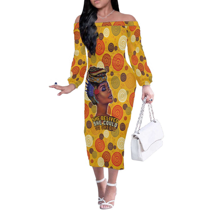 African She Believed She Could So She Did Off The Shoulder Long Sleeve Dress