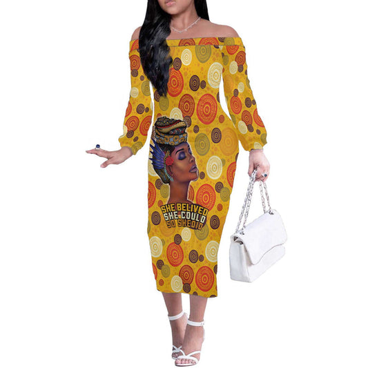African She Believed She Could So She Did Off The Shoulder Long Sleeve Dress