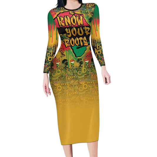 African Map Graffiti Know You Roots Long Sleeve Bodycon Dress