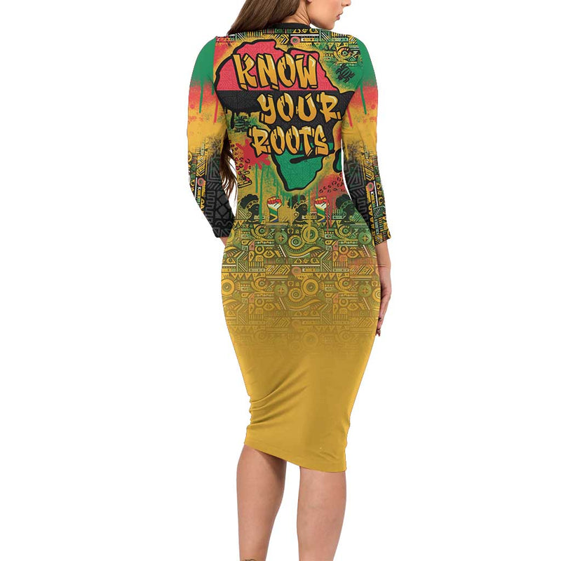 African Map Graffiti Know You Roots Long Sleeve Bodycon Dress