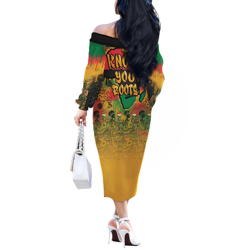 African Map Graffiti Know You Roots Off The Shoulder Long Sleeve Dress