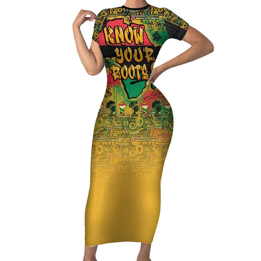 African Map Graffiti Know You Roots Short Sleeve Bodycon Dress