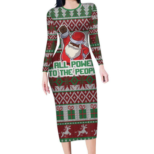 Africa Christmas Black Santa Fist All Power To The People Long Sleeve Bodycon Dress