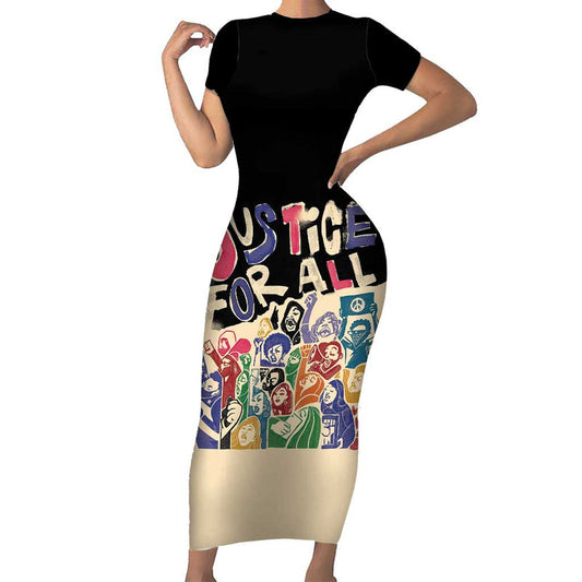 African Stand Firm Justice Now Short Sleeve Bodycon Dress