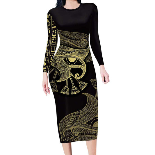 African Horus Eyes Egyptian God Long Sleeve Bodycon Dress