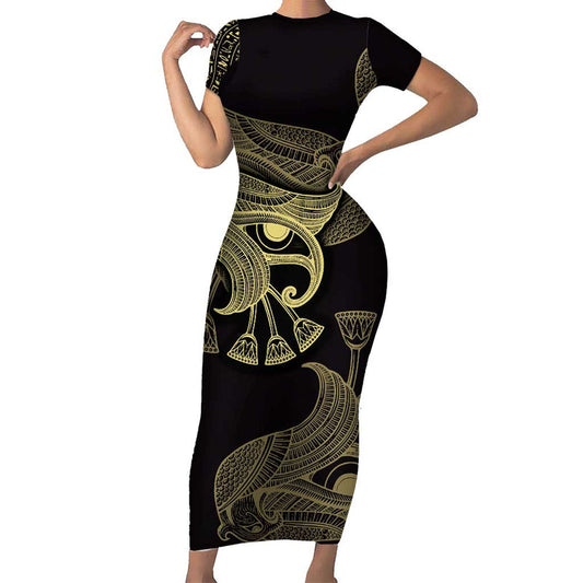 African Horus Eyes Egyptian God Short Sleeve Bodycon Dress