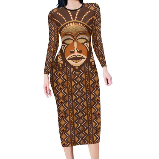 African Mask Printed Mudcloth Long Sleeve Bodycon Dress