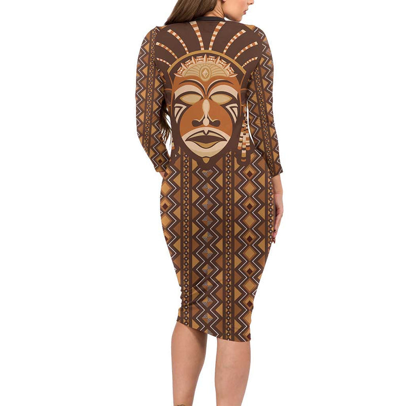 African Mask Printed Mudcloth Long Sleeve Bodycon Dress