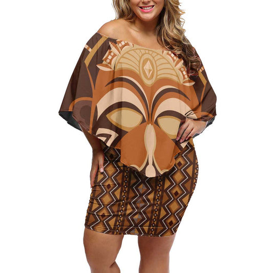 African Mask Printed Mudcloth Off Shoulder Short Dress
