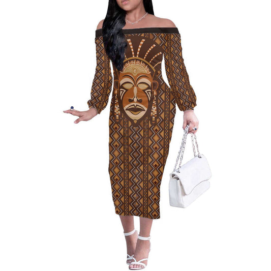 African Mask Printed Mudcloth Off The Shoulder Long Sleeve Dress