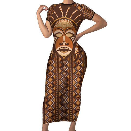 African Mask Printed Mudcloth Short Sleeve Bodycon Dress