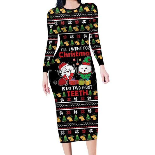 All I Want For Christmas Is My Two Front Teeth Long Sleeve Bodycon Dress