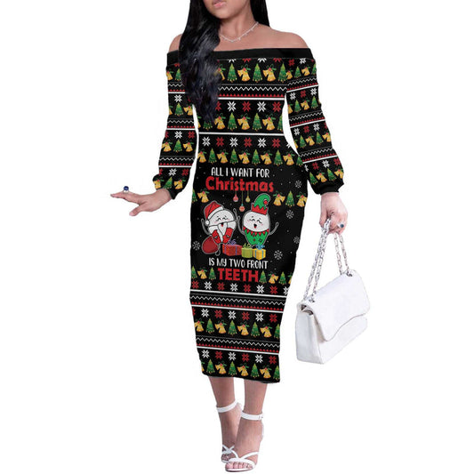 All I Want For Christmas Is My Two Front Teeth Off The Shoulder Long Sleeve Dress