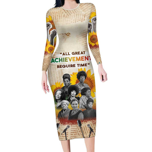 African Civil Rights Female Leaders Sunflower Long Sleeve Bodycon Dress