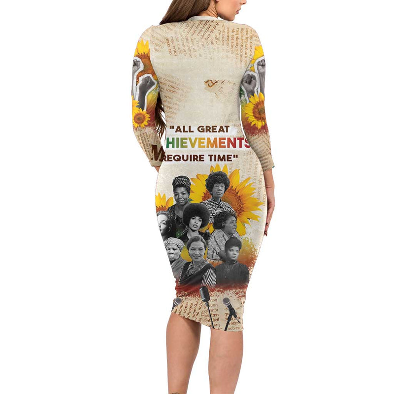 African Civil Rights Female Leaders Sunflower Long Sleeve Bodycon Dress
