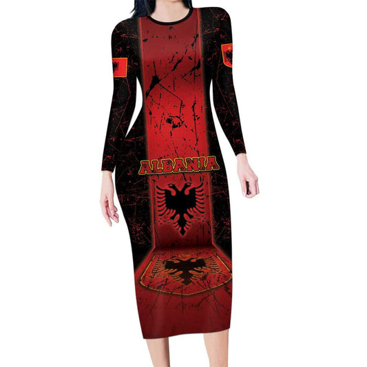 Albania Black Double Headed Eagle Long Sleeve Bodycon Dress