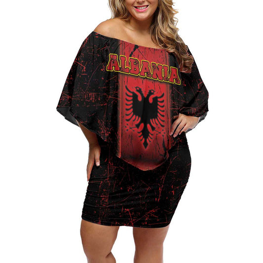Albania Black Double Headed Eagle Off Shoulder Short Dress