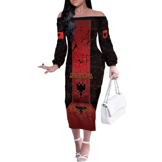 Albania Black Double Headed Eagle Off The Shoulder Long Sleeve Dress