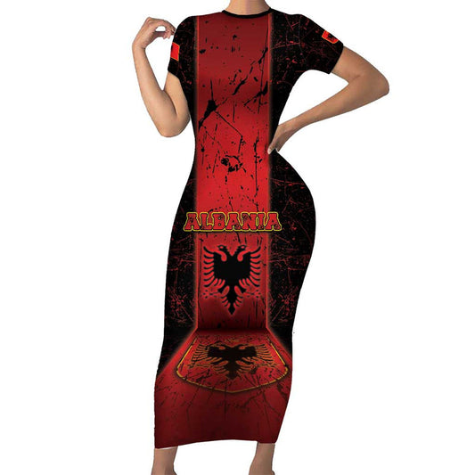 Albania Black Double Headed Eagle Short Sleeve Bodycon Dress