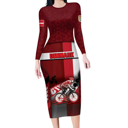 Denmark Cycling Sporty Style Red Long Sleeve Bodycon Dress