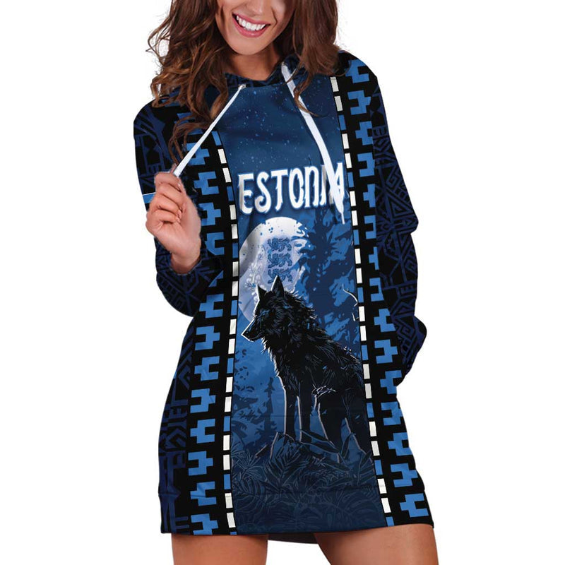 Estonia Night Wolf With Pattern Hoodie Dress