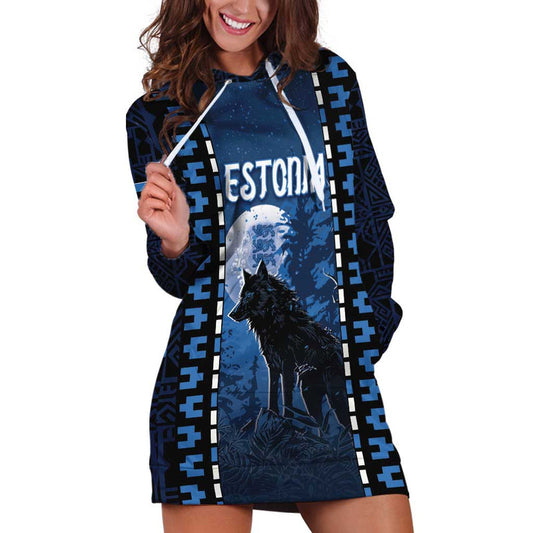 Estonia Night Wolf With Pattern Hoodie Dress